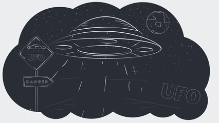contoured black and white illustration of a UFO hovering over the road next to a warning sign