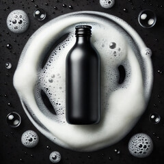 Black shampoo bottle against a gradient background with copy space