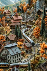 A miniature train set winding through tiny mountains, forests, and small towns with detailed buildings.