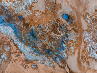 Beautiful aerial view of the Geysir valley in Iceland. Geothermal area in Haukadular valley,...
