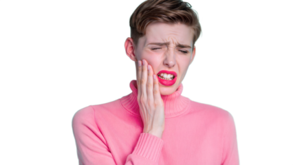 Person suffering from dental pain with facial expression of discomfort on transparent background