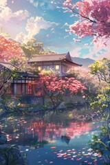Fototapeta premium A serene anime landscape of a hanok beside a pond, with flowering trees and warm spring light creating a magical atmosphere.