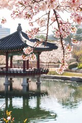 Fototapeta premium A serene hanok by a tranquil pond, cherry blossoms in full bloom and sunlight streaming through the trees, capturing the essence of spring