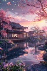Obraz premium A serene anime landscape of a hanok beside a pond, with flowering trees and warm spring light creating a magical atmosphere.