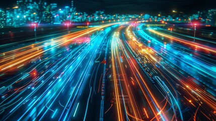 Fototapeta premium Futuristic Night Highway with Vibrant Neon Light Trails