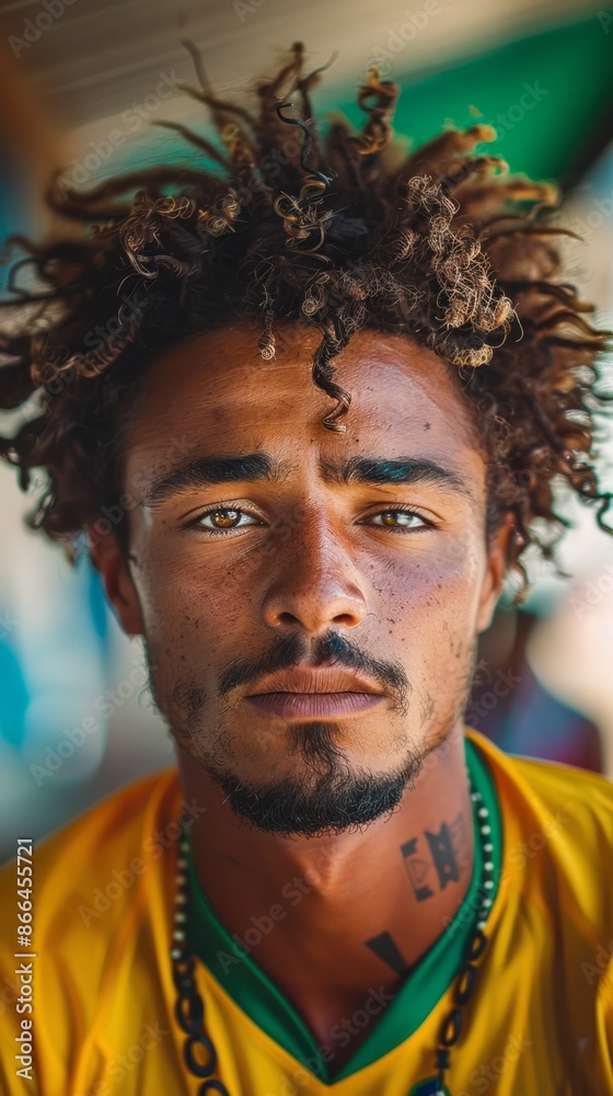 Wall mural Brazilian man with a soccer shirt, looking energetic