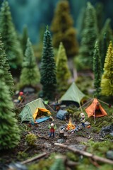 A tiny forest campsite with miniature tents, campfires, and tiny campers enjoying the outdoors.