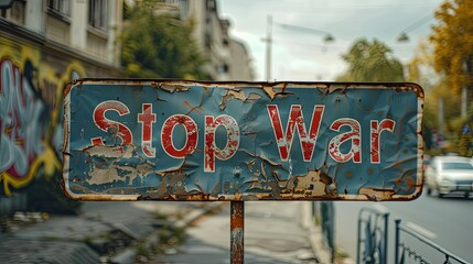 A rusty sign with "Stop War" written on it. International day of peace concept.
