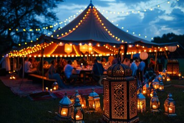 Obraz premium Festive Outdoor Evening Celebration with Lanterns and String Lights