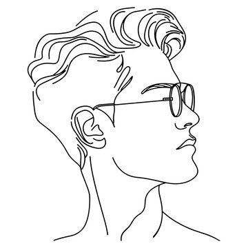 recommend clip art: Young man portrait, line art drawing. Abstract beautiful portrait hipster boy in sunglasses is single black line on white background
