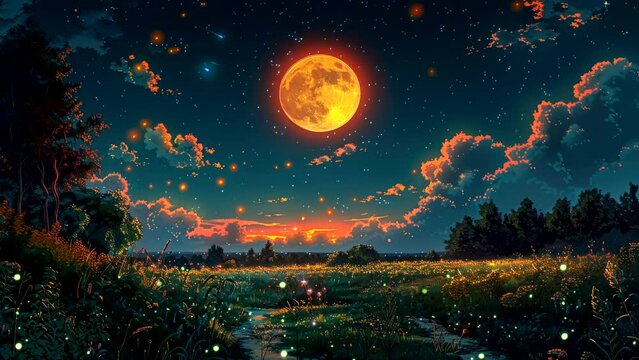 Moonlit meadow with fireflies under a starlit sky, fantasy video background
