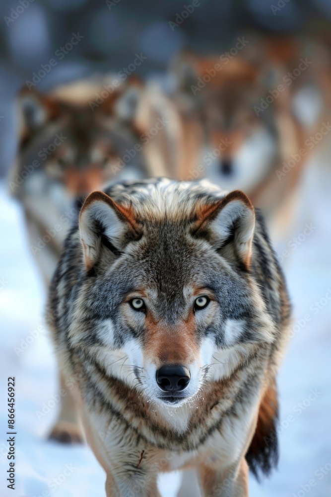 Wall mural A wolf with a fierce human gaze leads a pack through the snowy wilderness, embodying strength and leadership.