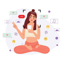 Woman, seated in a yoga position, uses her smartphone for a live session. Surrounding her are icons of social media interactions