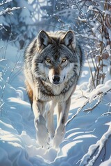 Obraz premium A wolf with a fierce human gaze leads a pack through the snowy wilderness, embodying strength and leadership.