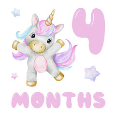 Baby Milestone Card of Cute unicorn and stars. Baby's four month. Four months of baby girl. Monthly numbers cards. Newborn month postcard. Card for kids' photos.