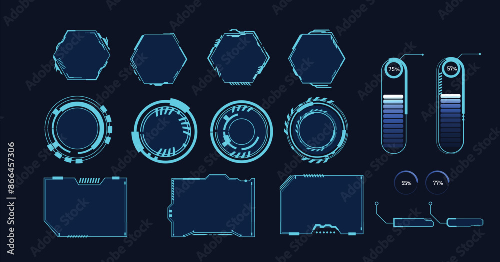 Poster Frames HUD futuristic style. Abstract geometric patterns. Futuristic technology icons, digital technology on a dark blue background.