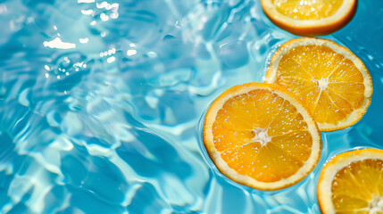 Summer background with orange slices in pool water. Summer wallpaper with copy space