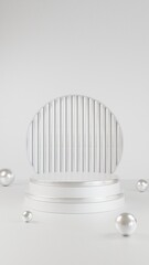 3D Render Simple circular background podium with strip background and a few sphere. White color.