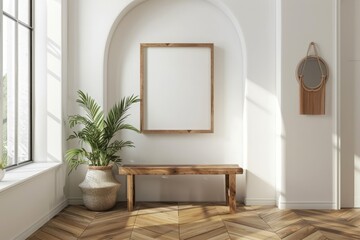 Frame mockup at home, farmhouse hallway interior background, 3d render 