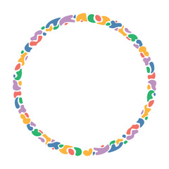 A round frame consisting of multi-colored blots and spots. Vector template without text. Artistic border design. Children's theme Texture frame. 
