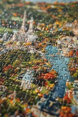 Naklejka premium Colorful Autumn Jigsaw Puzzle Close-Up with Scenic River and Foliage