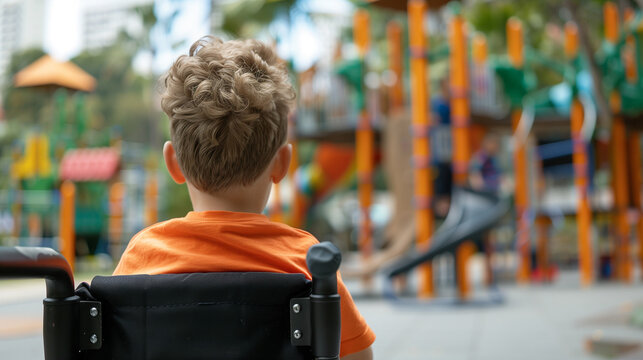 A child with a mobility aid watching other children play on inaccessible playground equipment 