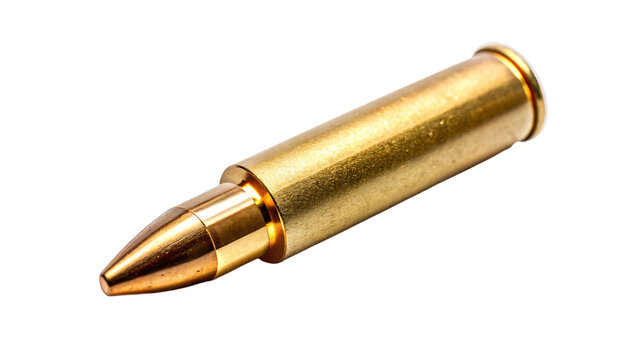 Isolated riffle bullet with a shiny brass casing on white background