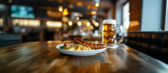 A close-up of a plate of traditional Bavarian food, including sausages, sauerkraut, and potato salad, with a beer stein beside it 