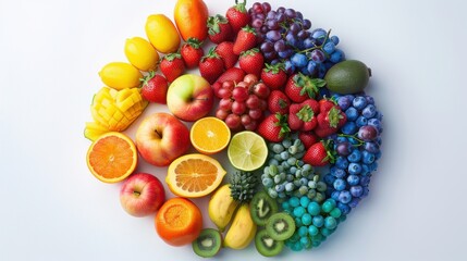 An array of vibrant, futuristic fruits artistically arranged in a circular pattern on a sleek white backdrop, top view with neon highlights