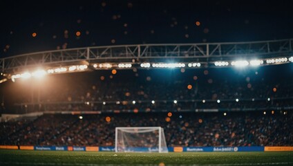 Stadium lights at night with soccer pitch in the front