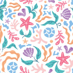 Colorful starfish, seashells and seaweed on white background. Seamless repeated surface vector pattern design.