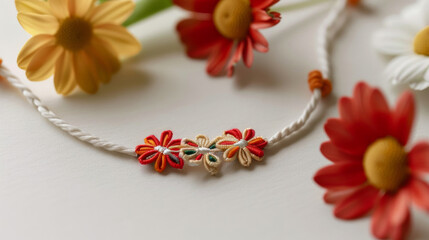 a closeup of a Rakhi bracelet with intricate designs, surrounded by flowers, watercolor painting 