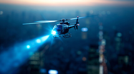 Naklejka premium a dramatic skyline with a helicopter hovering above, spotlight focused, 911 marked on the helicopter 
