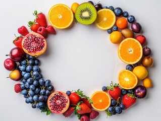 Diverse fruits in vivid colors forming a perfect circle on a pristine white background, viewed from above with futuristic lighting effects