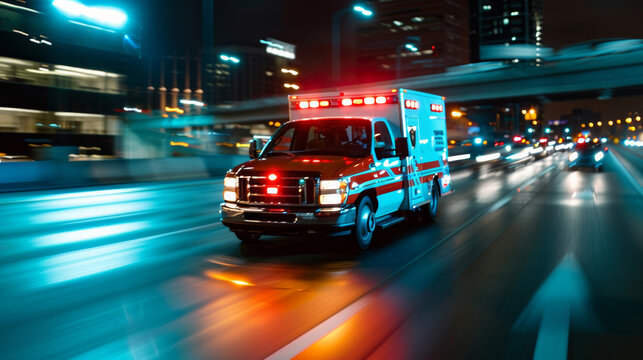 a dramatic shot of an ambulance speeding through traffic, with 911 on its side illuminated 