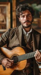 Obraz premium Argentinian man with a guitar, looking passionate