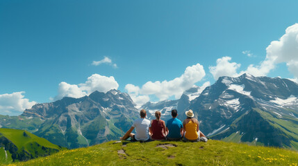 Fototapeta premium A group of friends hiking in the Italian Alps, taking a break to enjoy a Ferragosto picnic with a stunning view 