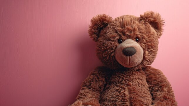 Close-up of a cute brown teddy bear with dark eyes and a black nose, sitting on a pink background. Bear looks friendly and inviting, with the solid pink background complementing its features