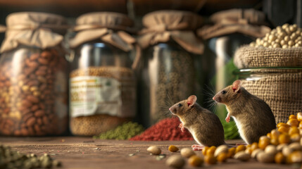 Obraz premium A pantry with food packages torn open and mice nibbling on the contents 