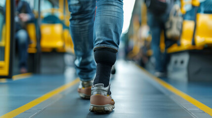 A person with a prosthetic leg struggling to board a crowded bus, with commuters visibly indifferent in the background 