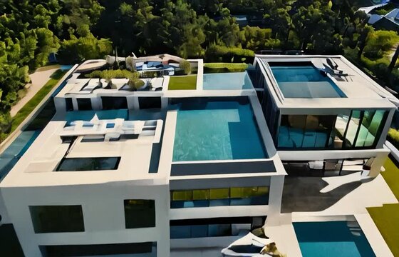 A contemporary mega mansion with an open floor plan, floor-to-ceiling windows, and a rooftop pool, set in a quiet suburban neighborhood. 