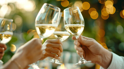 A side view of a group of friends clinking wine glasses in a toast 