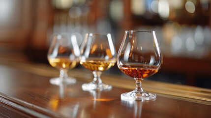 A side view of different ages of cognac in crystal glasses on a wooden bar 