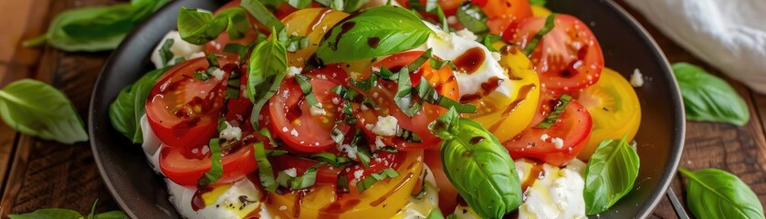 Fresh Caprese salad with vibrant tomatoes, mozzarella, basil leaves, and balsamic drizzle, served in a black bowl on a rustic wooden table.