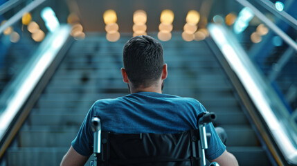 A wheelchair user facing a flight of stairs, looking determined, with the background showing an inaccessible building entrance 