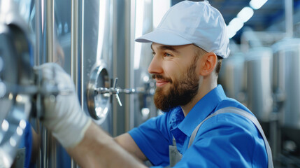 A wide shot of a brewery worker checking the pressure gauges on fermentation tanks  - Powered by Adobe