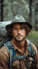 Obraz premium Australian man with hiking gear, looking adventurous