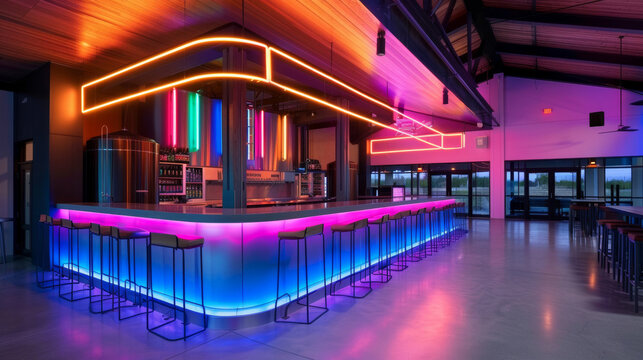 A wide-angle shot of a brewery with vibrant, neon lights and modern decor 