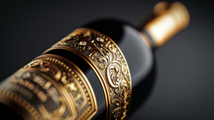 A wide-angle shot of a wine bottle with a luxurious, gold-foil label and ornate design elements 