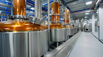 A wide-angle view of a modern vodka distillery with large stainless steel tanks and copper stills 